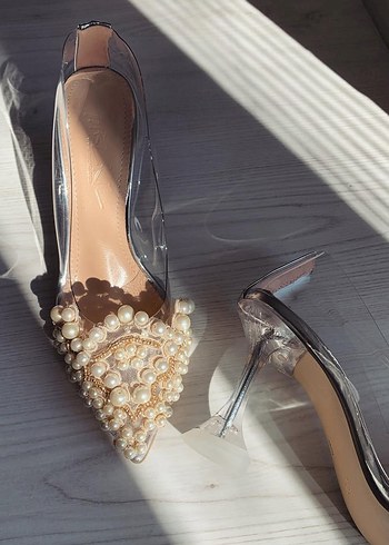 İnci Detaylı Beyaz Cam Topuklu Gelin Ayakkabısı - Görsel 4