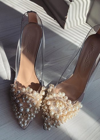 İnci Detaylı Beyaz Cam Topuklu Gelin Ayakkabısı - Görsel 3