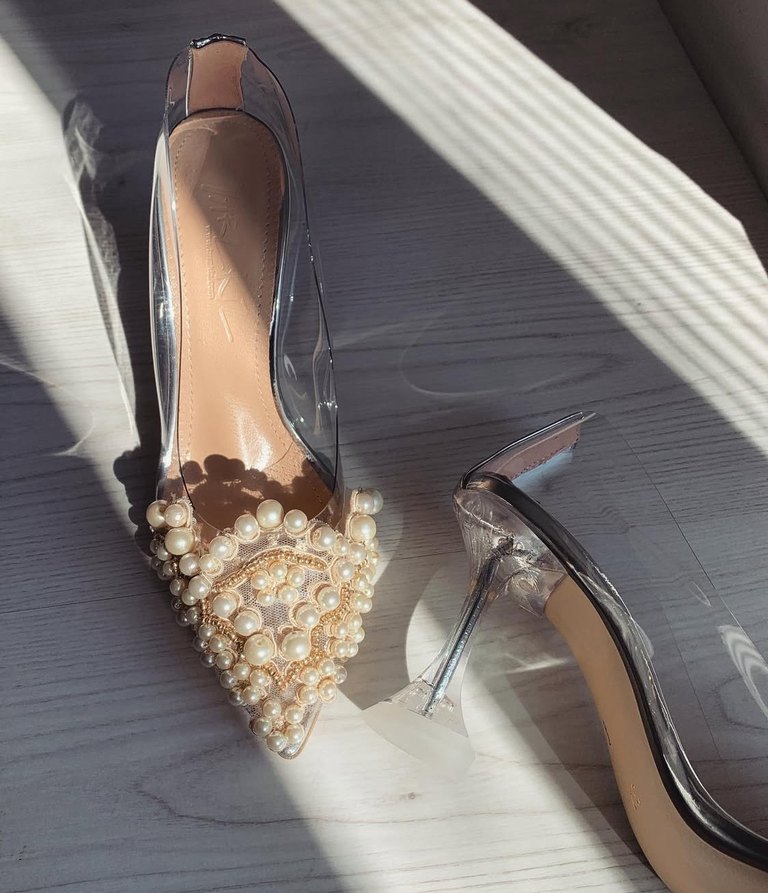 İnci Detaylı Beyaz Cam Topuklu Gelin Ayakkabısı - Görsel 4