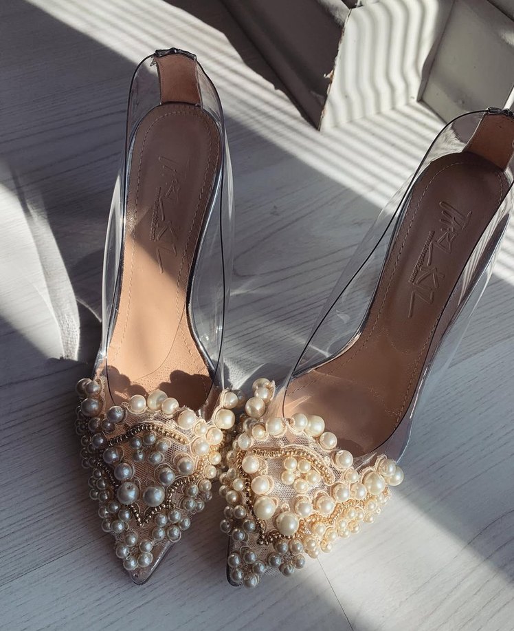 İnci Detaylı Beyaz Cam Topuklu Gelin Ayakkabısı - Görsel 3