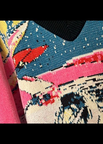 Renkli Baskılı V Yaka Örgü Kadın Kazak - Görsel 4