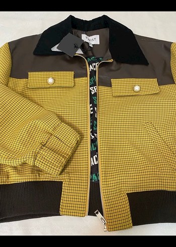 Sarı Kareli Deri Kadın Ceket - Görsel 3