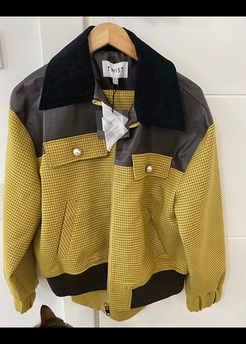 Sarı Kareli Deri Kadın Ceket - Görsel 6