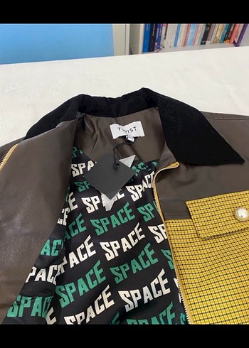 Sarı Kareli Deri Kadın Ceket - Görsel 4