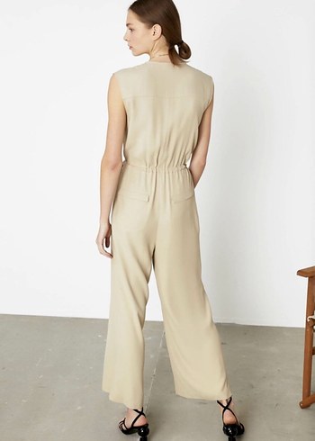 Bej Kemerli Kadın Keten Tulum - Görsel 2