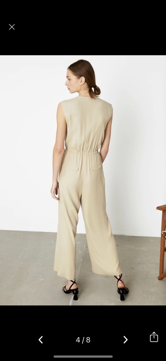 Bej Kemerli Kadın Keten Tulum - Görsel 2