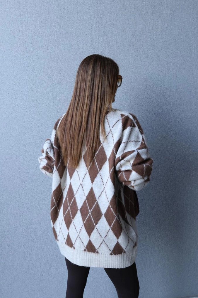 V Yaka Uzun Kollu Kahverengi Gri Örgü Kadın Hırka - Görsel 2