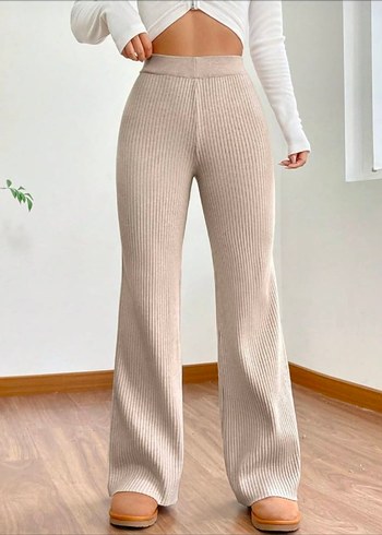 Bej Örgü Kadın İspanyol Paça Pantolon - Görsel 2