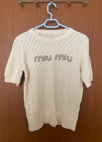 Beyaz Miu Miu Örme Kısa Kollu Bluz
