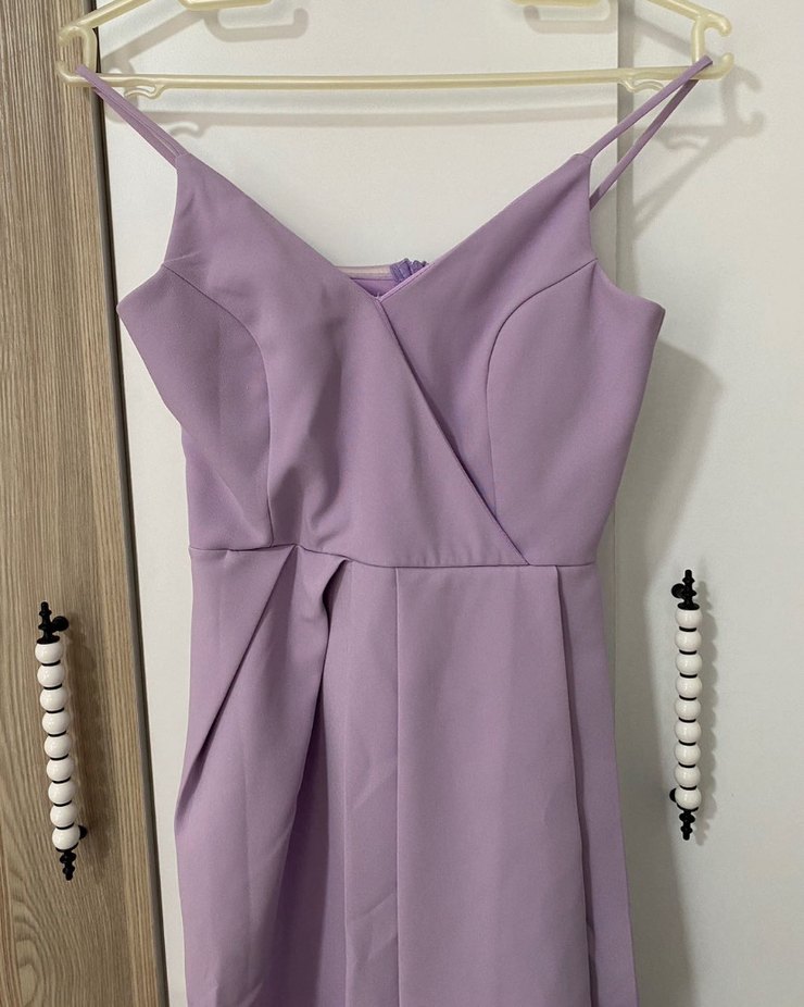 Mor lila Askılı Uzun Drapeli Abiye Elbise - Görsel 2