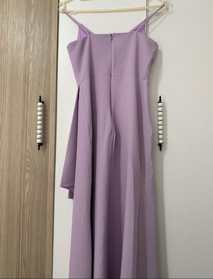 Mor lila Askılı Uzun Drapeli Abiye Elbise - Görsel 4