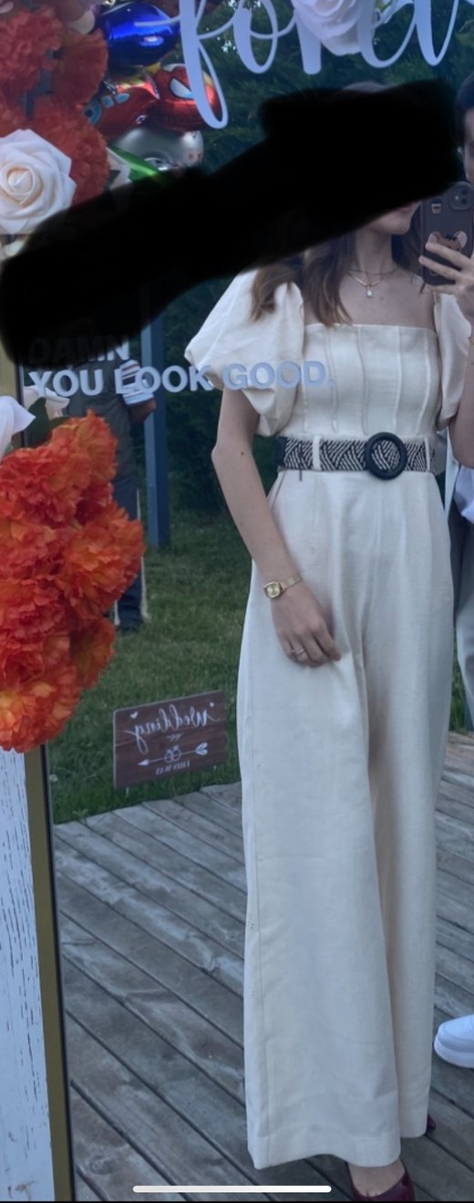 Bej balon kol Midi Kadın Tulum - Görsel 2