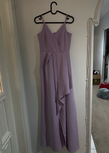 Uzun Mor V Yaka Drapeli Kadın Abiye Elbise - Görsel 2