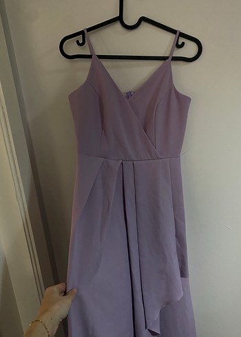 Uzun Mor V Yaka Drapeli Kadın Abiye Elbise - Görsel 3