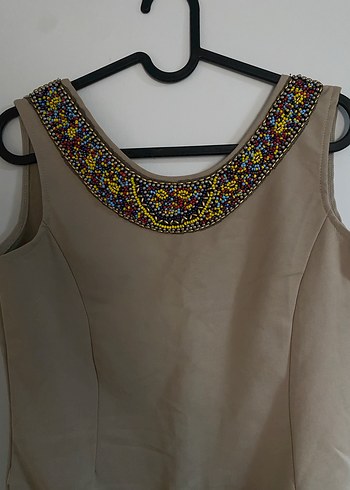 Boncuk İşlemeli Bej Bohem Midi Elbise - Görsel 4