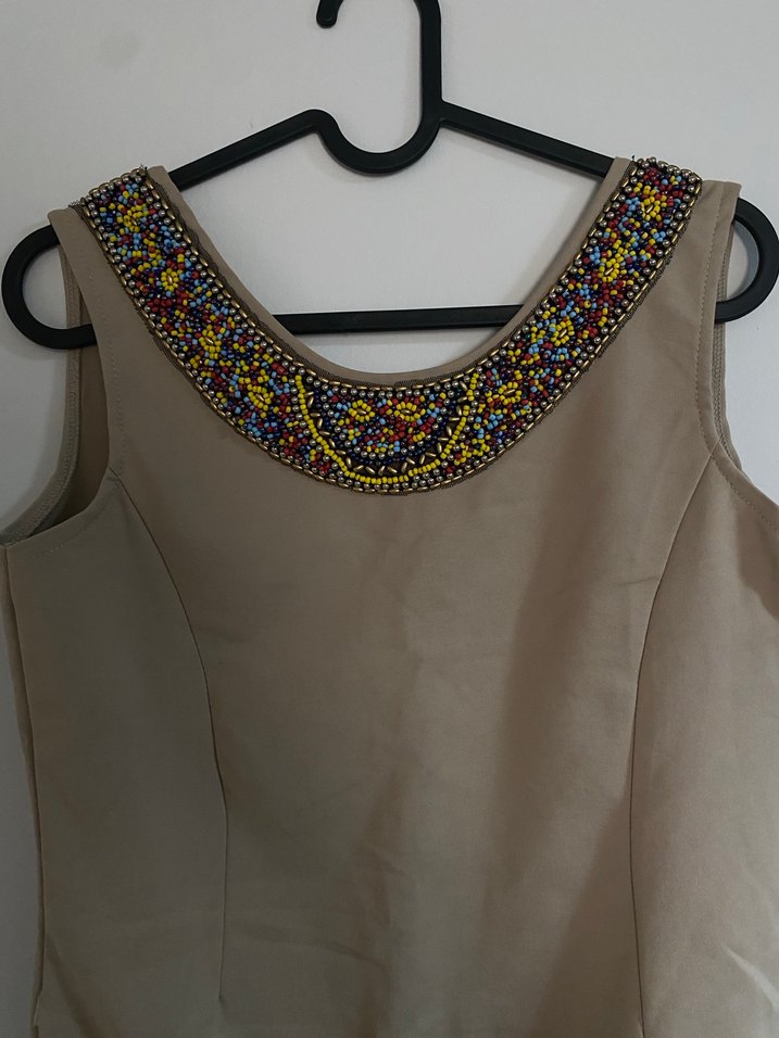 Boncuk İşlemeli Bej Bohem Midi Elbise - Görsel 4