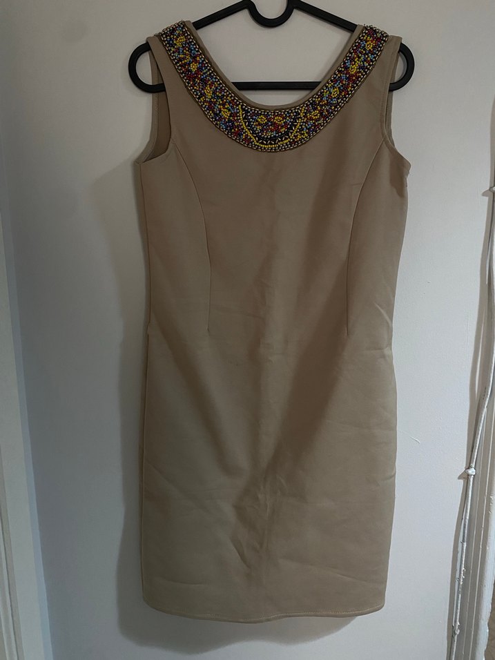 Boncuk İşlemeli Bej Bohem Midi Elbise - Görsel 3