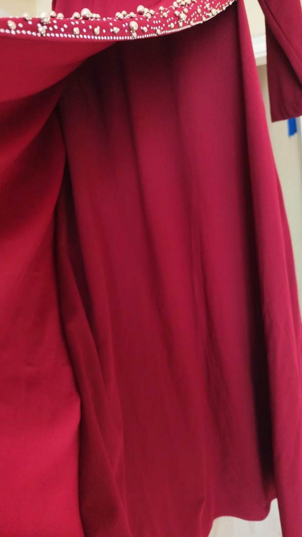 Uzun Boy Bordo Nakışlı Kadın Abiye - Görsel 4