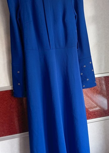 Düğmeli Mavi Uzun Kollu Kadın Elbise - Görsel 2