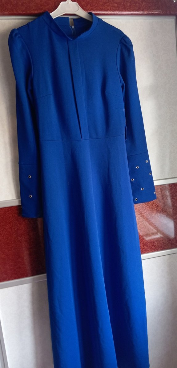 Düğmeli Mavi Uzun Kollu Kadın Elbise - Görsel 2