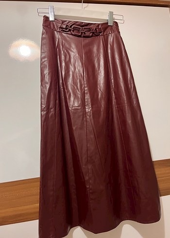 Bordo Deri Uzun Etek, Kemerli, Bohem Stil - Görsel 4