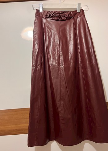 Bordo Deri Uzun Etek, Kemerli, Bohem Stil - Görsel 8