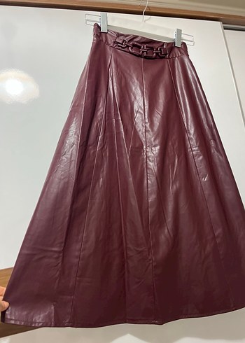 Bordo Deri Uzun Etek, Kemerli, Bohem Stil - Görsel 2
