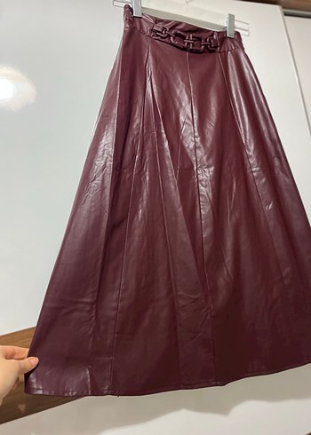 Bordo Deri Uzun Etek, Kemerli, Bohem Stil - Görsel 3