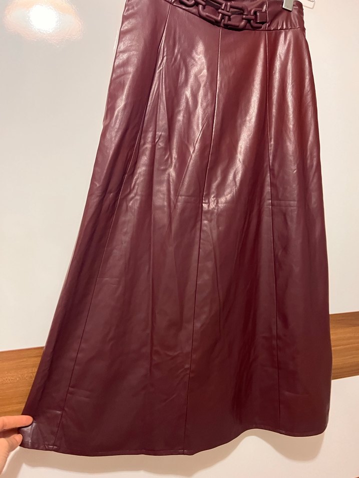 Bordo Deri Uzun Etek, Kemerli, Bohem Stil - Görsel 5