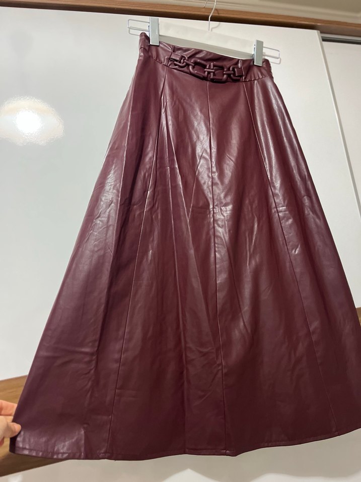 Bordo Deri Uzun Etek, Kemerli, Bohem Stil - Görsel 2