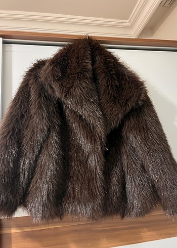 Kahverengi acı kahve  Kadın Suni Kürk Midi Ceket ışıltılı - Görsel 7