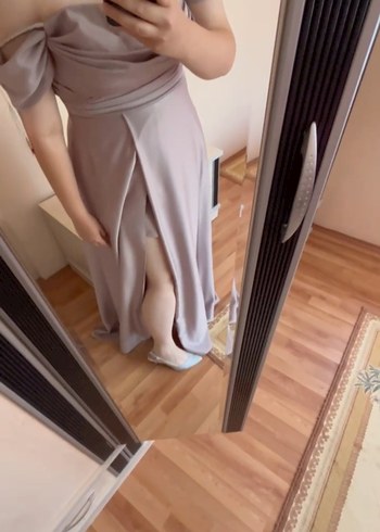 48 Beden Bej Uzun Drapeli Straplez Abiye Elbise