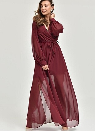 s Beden bordo Renk Bordo şifon elbise