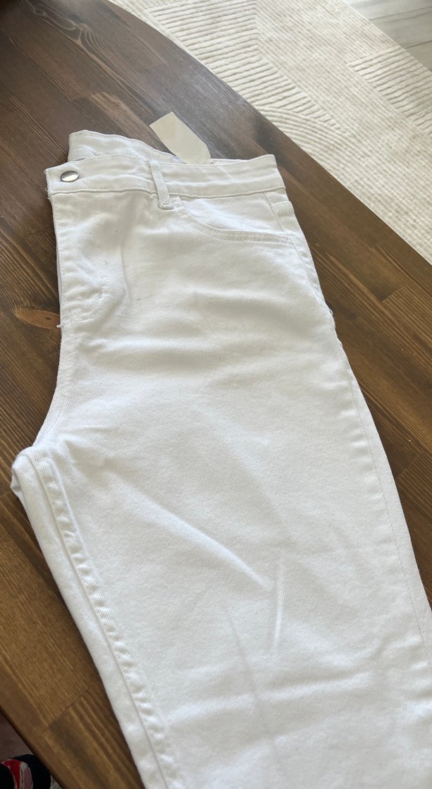 Bej Kadın Düğmeli Pamuklu Midi Kot Pantolon - Görsel 3