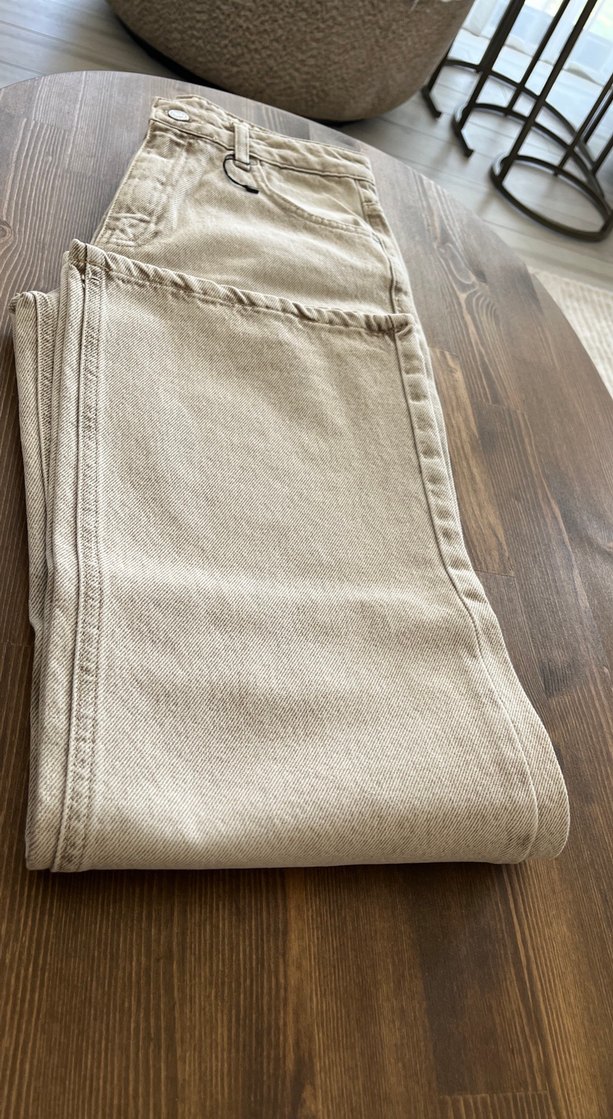 Bej Düğmeli Kadın Denim Pantolon - Görsel 5