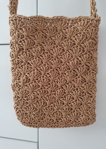 Bej Örgü Bohem Kadın Çanta genişlik 15 cm uzunluk 19 cm