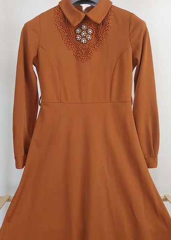 38 Beden Diger Uzun Kollu Bej Vintage Elbise