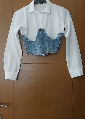 Düğmeli Beyaz ve Denim Kadın Gömlek