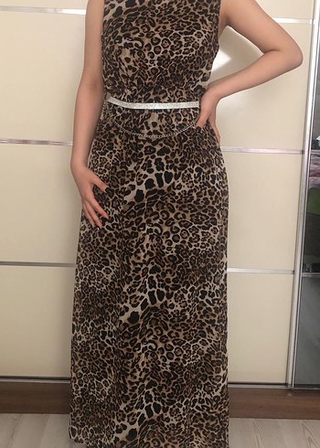 Kadın Leopar Desenli Kemerli Uzun Elbise