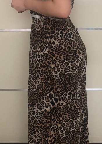 s Beden kahverengi Renk Kadın Leopar Desenli Kemerli Uzun Elbise