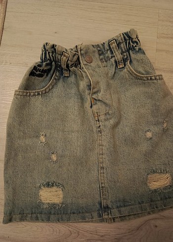 Kemer Detaylı Gri Kahverengi Denim Kız Eteği