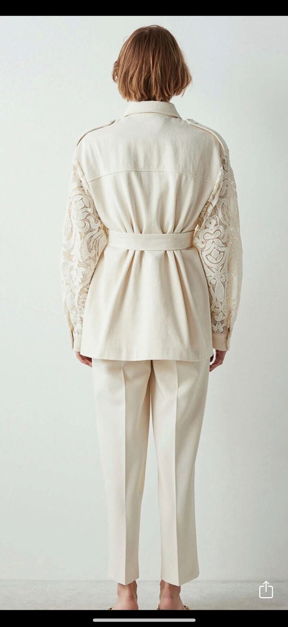 Dantel Detaylı Krem Kadın Ceket - Görsel 4