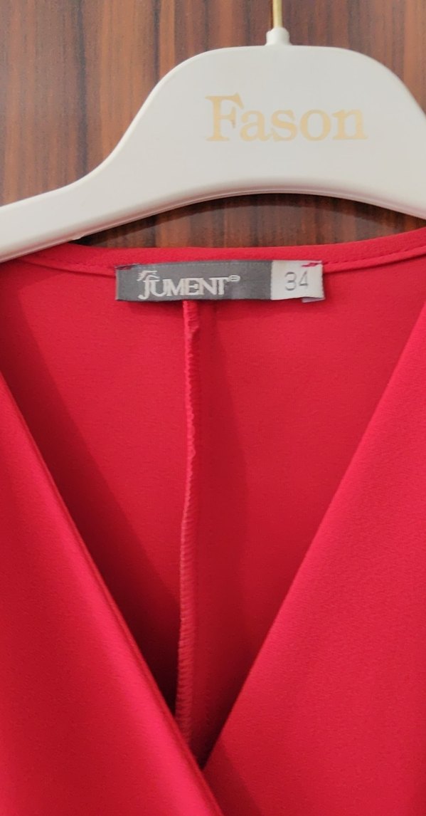 Kırmızı Uzun V Yaka Drapeli Kadın Elbise - Görsel 2