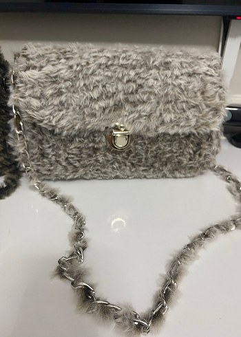 Gri Kürklü Örgü Kadın Çanta - Görsel 3