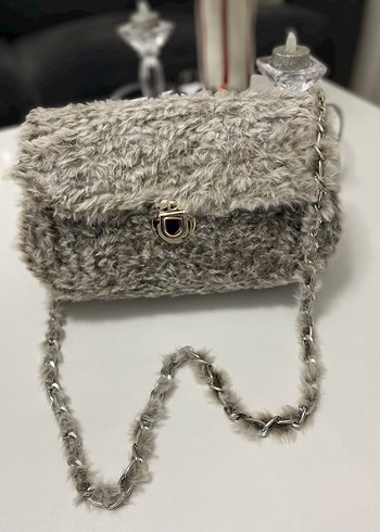 Gri Kürklü Örgü Kadın Çanta - Görsel 4