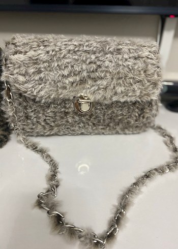 Gri Kürklü Örgü Kadın Çanta - Görsel 5