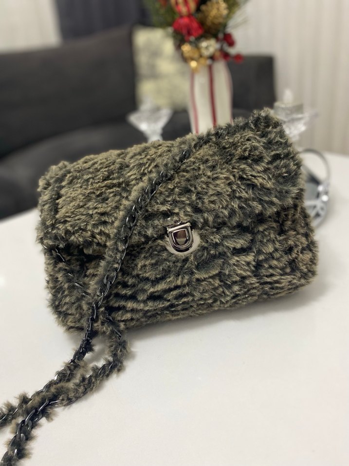 Gri Kamuflaj Kürklü Kadın Çanta - Görsel 2