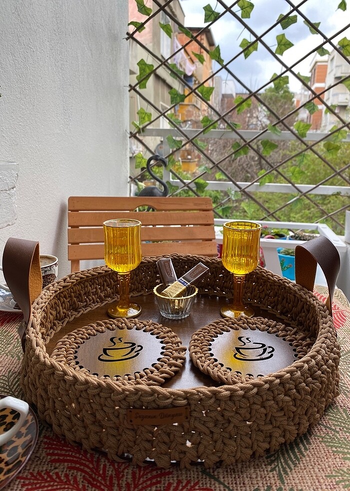 Sunumlu tepsi ahşap tabanlı 6 adet bardak altlığı - Görsel 2