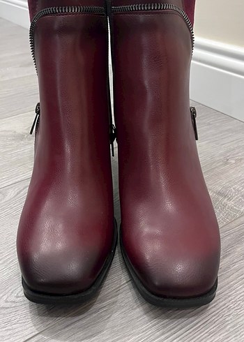 Bordo Deri Fermuarlı Kadın Bot - Görsel 7