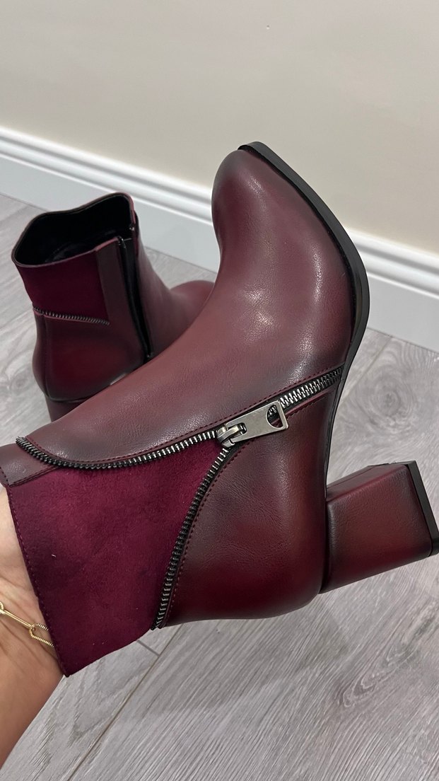 Bordo Deri Fermuarlı Kadın Bot - Görsel 3
